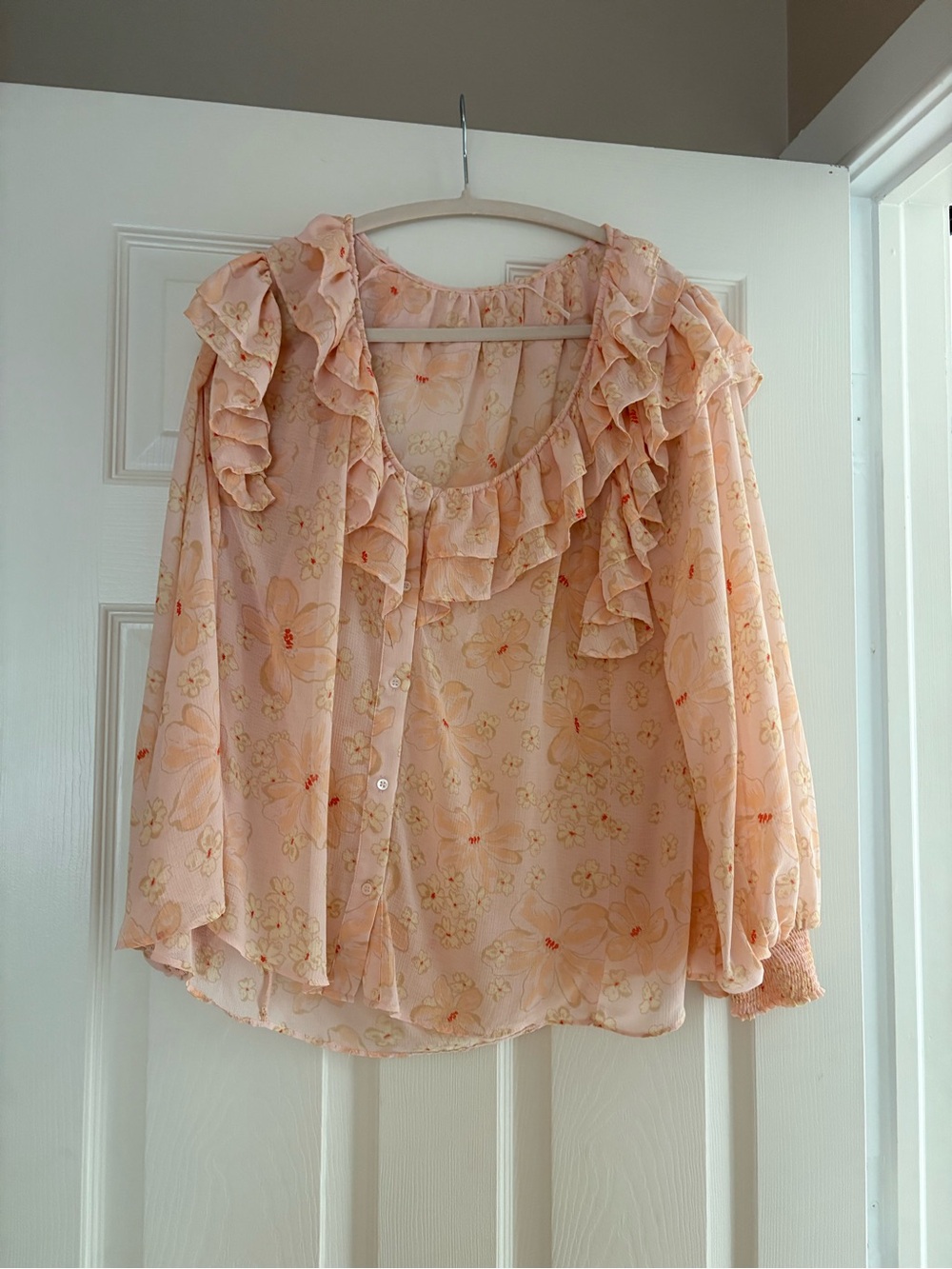 Free People Peach Floral Ruffle Blouse